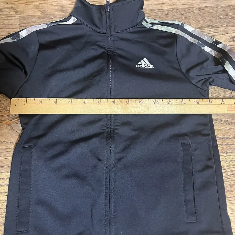 Adidas Boys Track Jacket Size 6 Zip Up Black Camo Blue White 3 Stripes Logo Kids